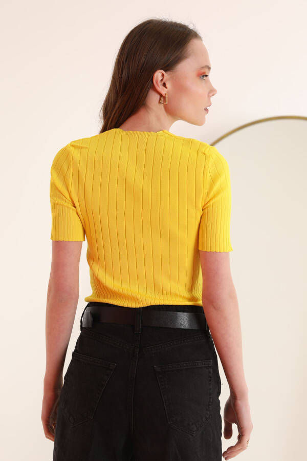 Rib Knit V-Neck Women's Blouse - Yellow - 3