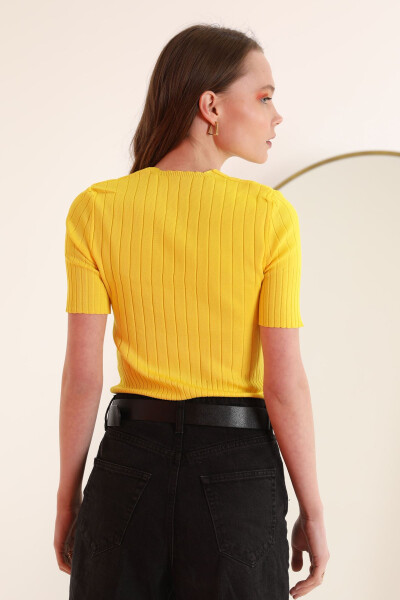 Rib Knit V-Neck Women's Blouse - Yellow - 6