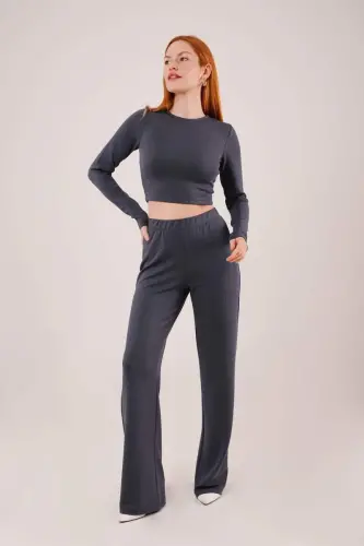Ribbed Blouse And Trousers Anthracite Two-Piece Set - 1