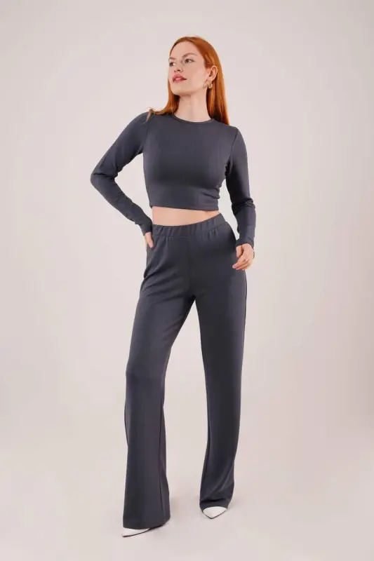 Ribbed Blouse And Trousers Anthracite Two-Piece Set - BÜYÜKBEDENIZ