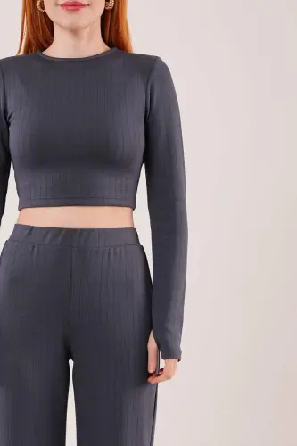 Ribbed Blouse And Trousers Anthracite Two-Piece Set - BÜYÜKBEDENIZ (1)