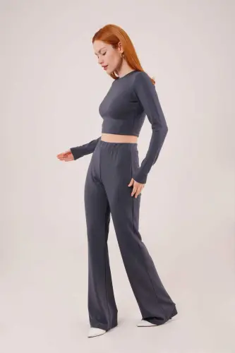 Ribbed Blouse And Trousers Anthracite Two-Piece Set - 4