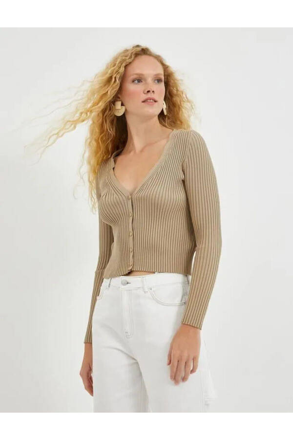 Ribbed Cardigan with V-Neck and Buttons - 2