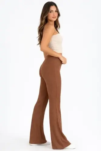 Ribbed Corded Flared Leggings High Waist Flexible Casual Comfortable Pants - Brown - 1