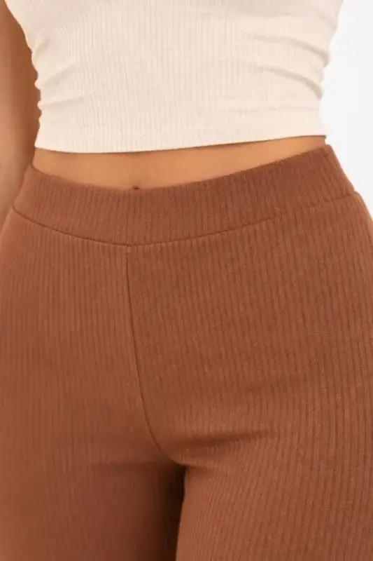 Ribbed Corded Flared Leggings High Waist Flexible Casual Comfortable Pants - Brown - 3
