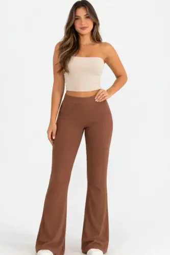 Ribbed Corded Flared Leggings High Waist Flexible Casual Comfortable Pants - Brown - 4