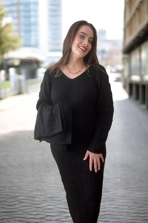 Ribbed Dress Poncho Knitwear Set - Black - 11