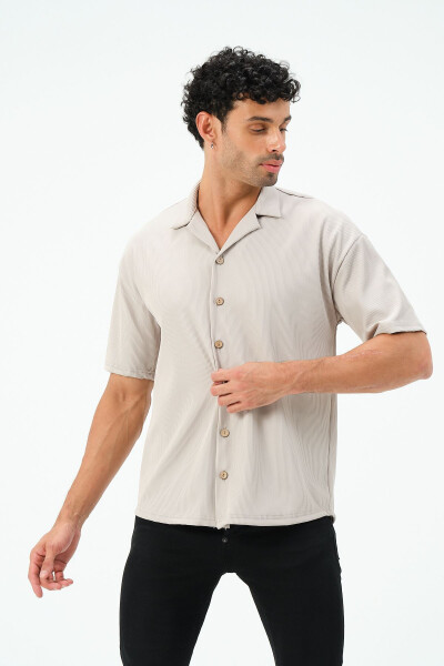 Ribbed Fabric Short Sleeve Shirt - 4