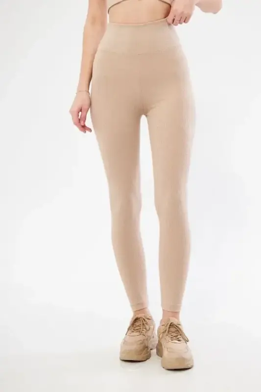 Ribbed Full Lycra High Waist Shaping Leggings for Daily and Sports Use - Beige - BÜYÜKBEDENIZ