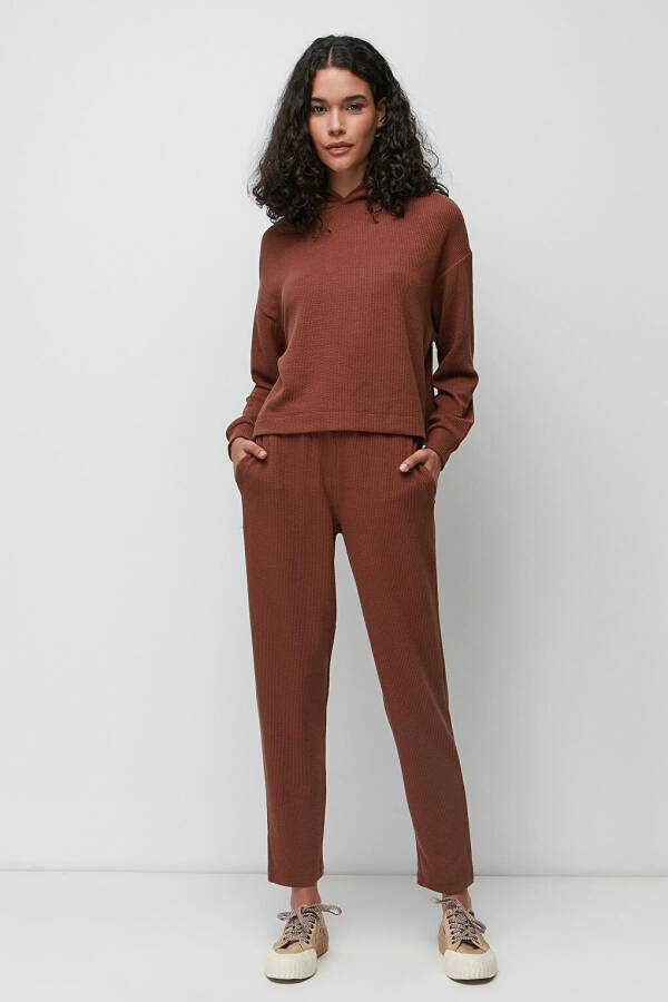 Ribbed Hooded Sweatshirt Pants Set 9131 Brown - 6