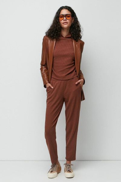 Ribbed Hooded Sweatshirt Pants Set 9131 Brown - 7