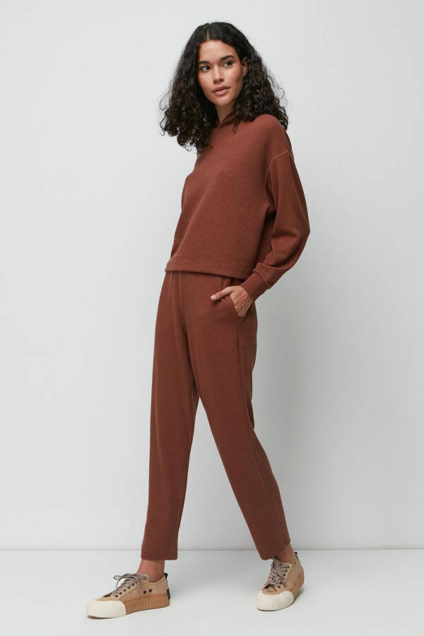 Ribbed Hooded Sweatshirt Pants Set 9131 Brown - 9