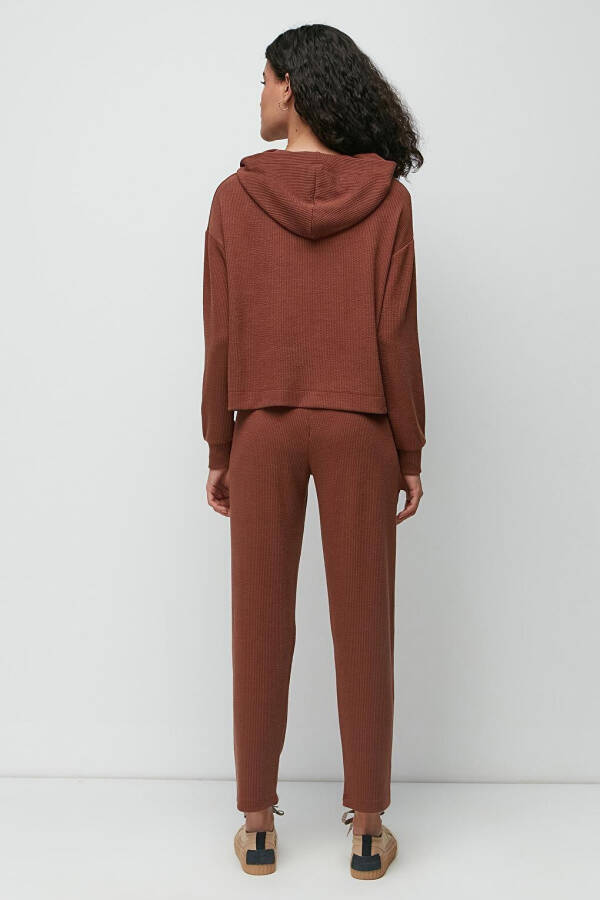 Ribbed Hooded Sweatshirt Pants Set 9131 Brown - 10