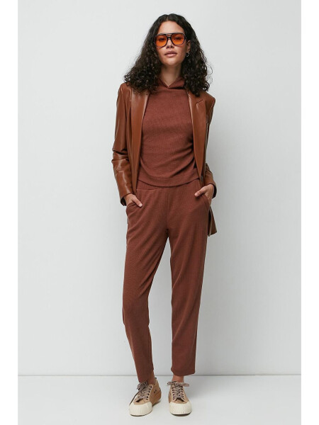 Ribbed Hooded Sweatshirt Pants Set 9131 Brown - 2