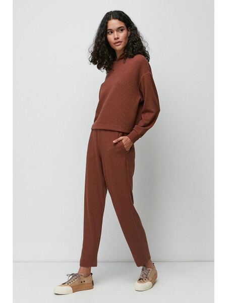 Ribbed Hooded Sweatshirt Pants Set 9131 Brown - 4