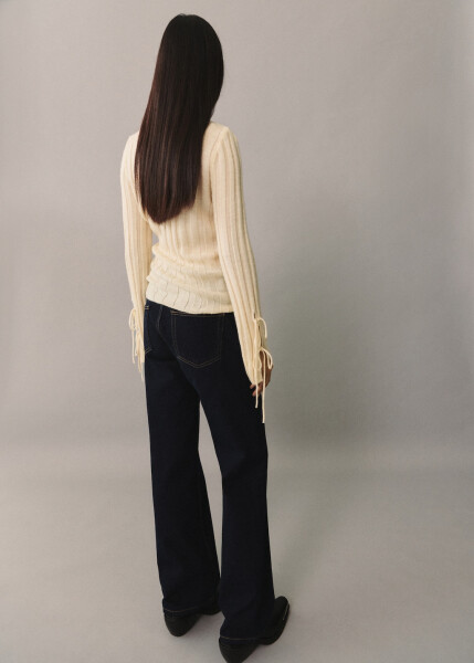 Ribbed knit sweater with a bow, ecru color. - 4