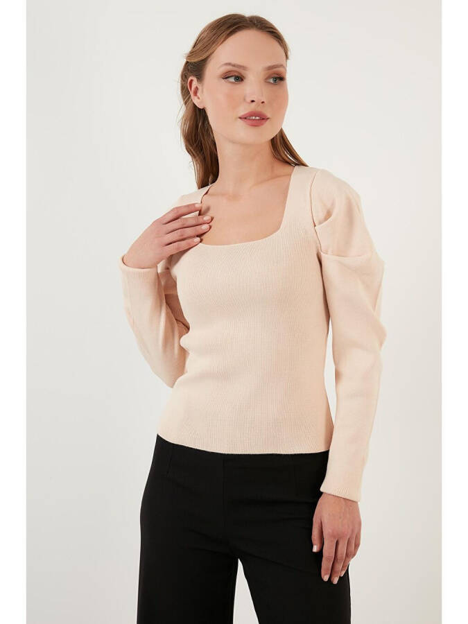 Ribbed Knit Sweater with Square Neck and Cuffs 6362161 - 8