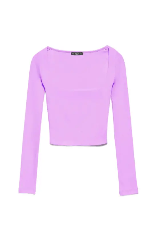 Ribbed Long Sleeve Top-pale Lilac-lilac - 1