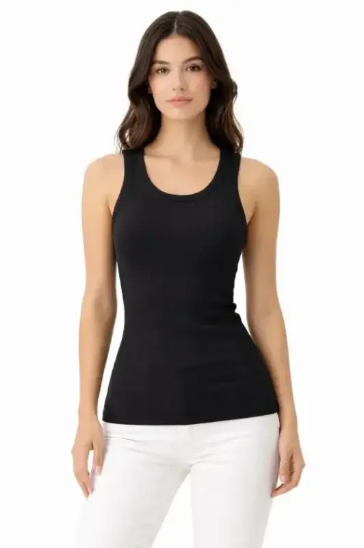 Ribbed Lycra Camisole Tank Top Body-Fitting Basic Elegance - Black - BÜYÜKBEDENIZ