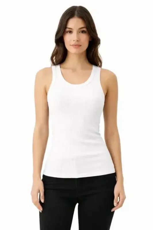 Ribbed Lycra Tank Top Body-Fitting Basic Elegance - White - BÜYÜKBEDENIZ