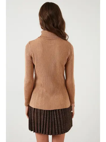 Ribbed Regular Fit Fisherman's Collar Soft Acrylic Sweater 4614102-Brown - 5