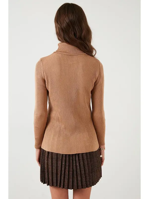 Ribbed Regular Fit Fisherman's Collar Soft Acrylic Sweater 4614102-Brown - 5