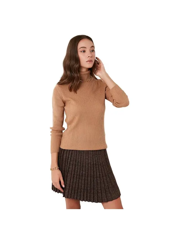 Ribbed Regular Fit Fisherman's Collar Soft Acrylic Sweater 4614102-Brown - 6