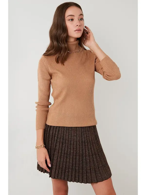 Ribbed Regular Fit Fisherman's Collar Soft Acrylic Sweater 4614102-Brown - 2