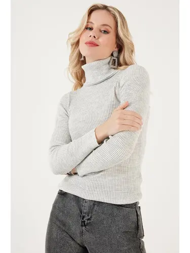 Ribbed Regular Fit Fisherman's Collar Soft Acrylic Sweater 4614102-Gray - 4