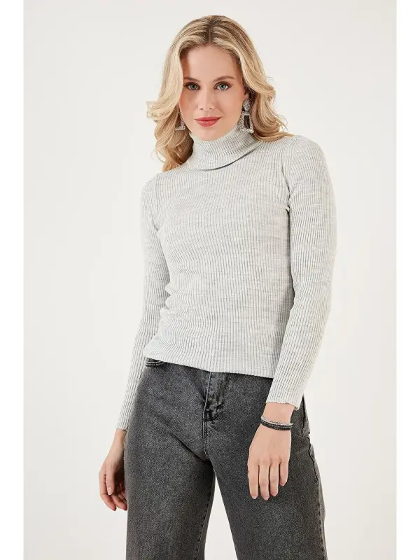 Ribbed Regular Fit Fisherman's Collar Soft Acrylic Sweater 4614102-Gray - 6