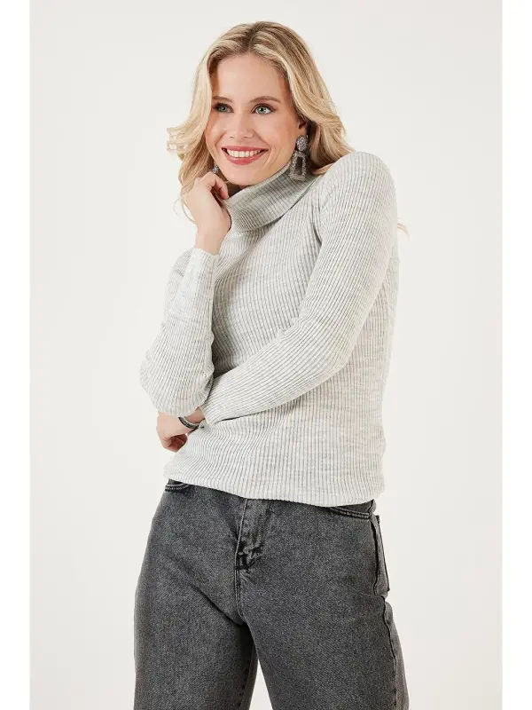 Ribbed Regular Fit Fisherman's Collar Soft Acrylic Sweater 4614102-Gray - 7