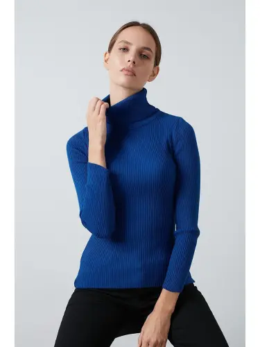 Ribbed Regular Fit Turtleneck Soft Acrylic Sweater 4614102-Blue - 1