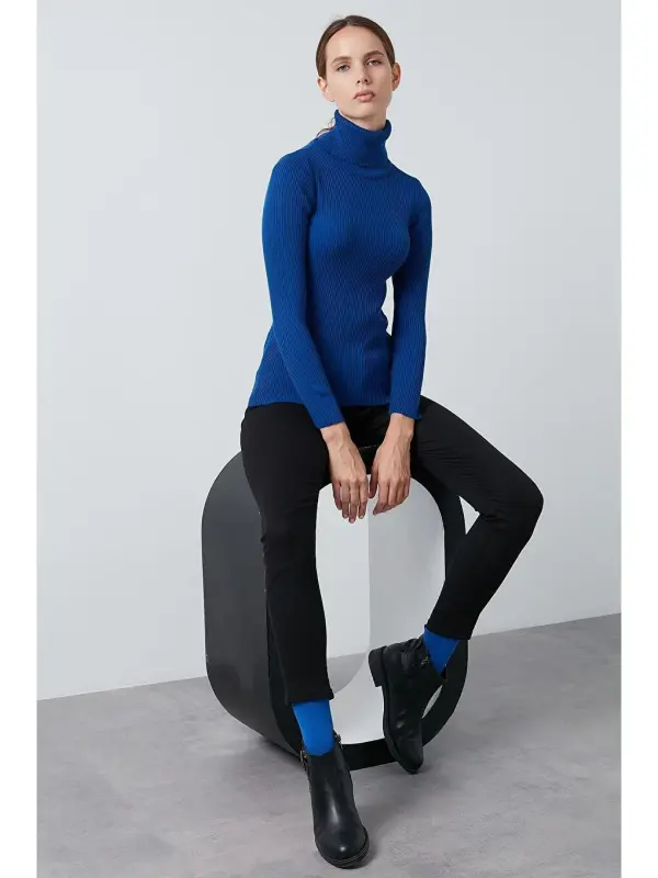 Ribbed Regular Fit Turtleneck Soft Acrylic Sweater 4614102-Blue - 3