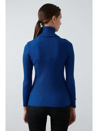 Ribbed Regular Fit Turtleneck Soft Acrylic Sweater 4614102-Blue - 4