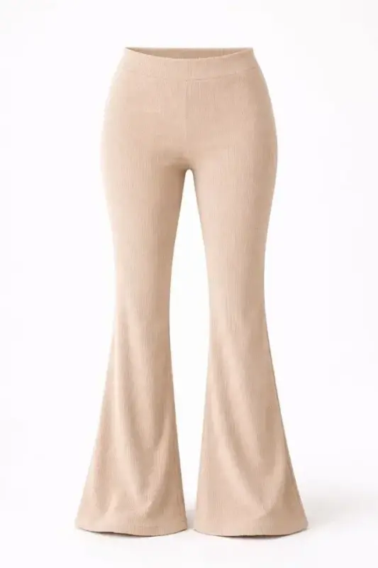 Ribbed Scuba Flared Leggings High Waist Flexible Casual Comfortable Trousers - Beige - 2