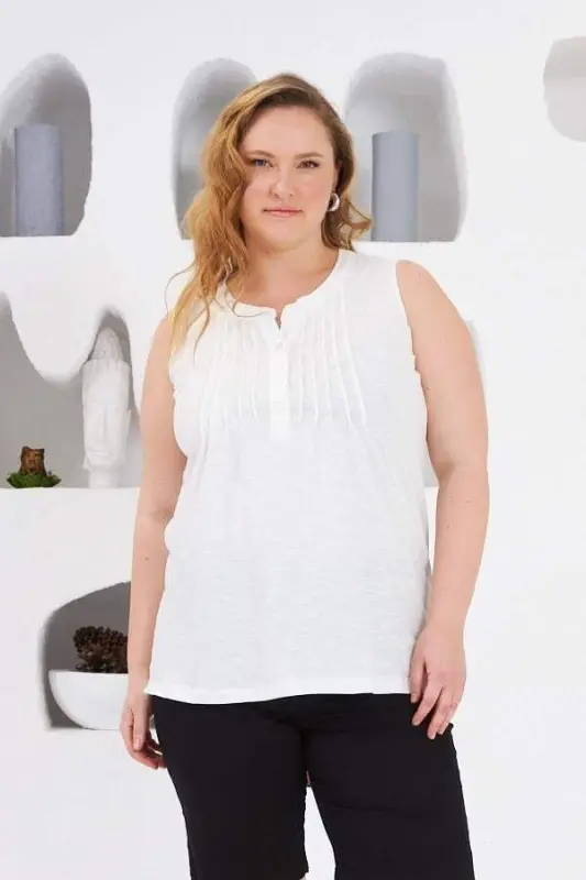 Ribbed Sleeveless Plus Size Blouse Ecru - BÜYÜKBEDENIZ