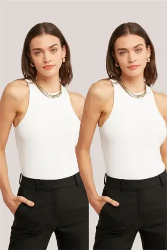 Ribbed Tank Top Halter Neck 2 Pack Women's White T-Shirt - 1