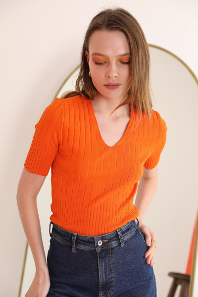 Ribbed V-Neck Women's Blouse - Orange - 2