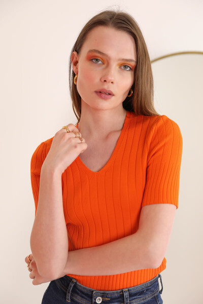 Ribbed V-Neck Women's Blouse - Orange - 7