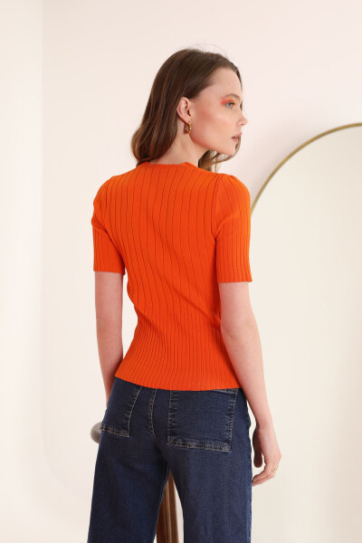 Ribbed V-Neck Women's Blouse - Orange - 8