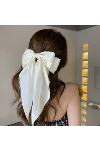 Ribbon Bow Clip - Satin Bow Clip - White Long-Tailed Bow Clip - 2