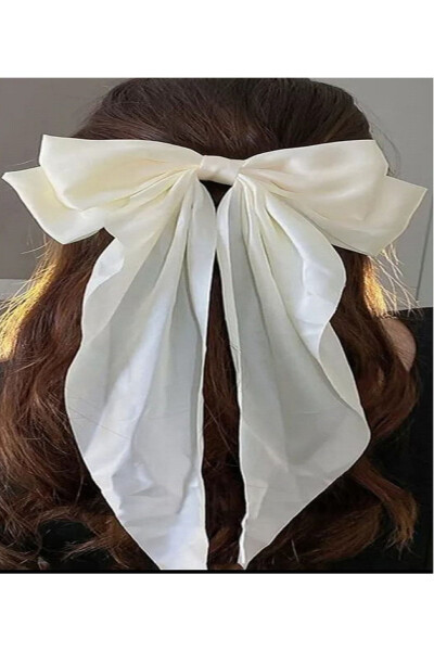 Ribbon Bow Clip - Satin Bow Clip - White Long-Tailed Bow Clip - 3