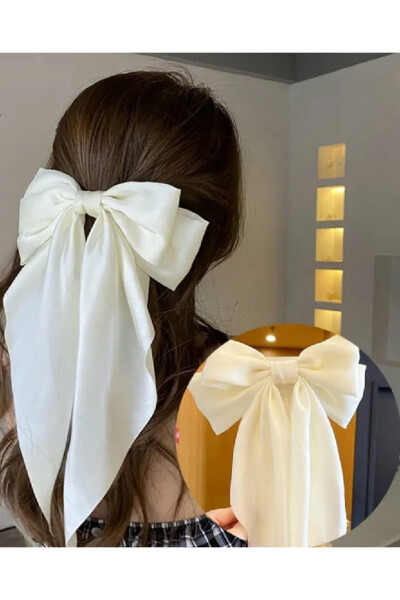 Ribbon Bow Clip - Satin Bow Clip - White Long-Tailed Bow Clip - 4