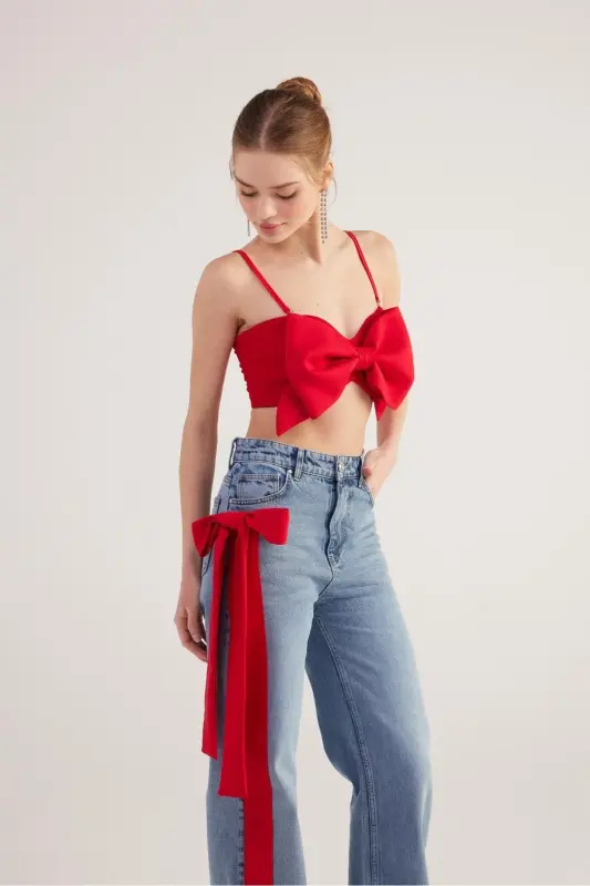 Ribbon-Look Crop Jazmin Blouse Red - 2