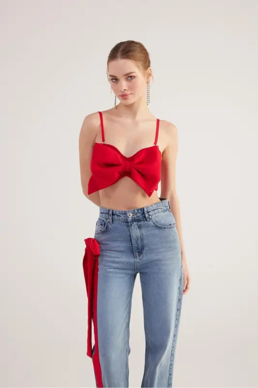 Ribbon-Look Crop Jazmin Blouse Red - 3