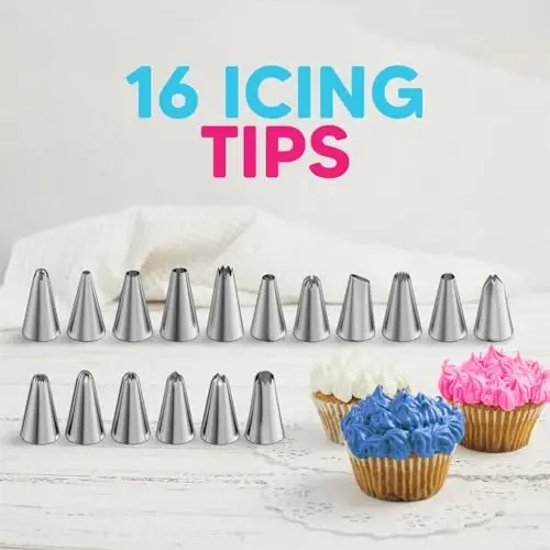 Riccle Piping Bags and Tips Set, 11.8 Inch 100 Anti Burst Piping Bags, 124 Pcs Cake Decorating Kit with 16 Piping Tips, 1 Reusable Pastry Bags, 3 Cake Scrapers, 2 Couplers, and 2 Icing Bags Ties - RICCLE (1)