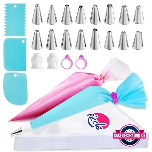 Riccle Piping Bags and Tips Set, 11.8 Inch 100 Anti Burst Piping Bags, 124 Pcs Cake Decorating Kit with 16 Piping Tips, 1 Reusable Pastry Bags, 3 Cake Scrapers, 2 Couplers, and 2 Icing Bags Ties - RICCLE