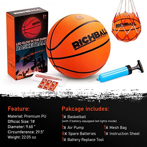 Richball LED Light Up Basketball, Glow in The Dark Basketball for Teens Boys, Indoor Outdoor Size 7 with Pump, Holographic Reflective Luminous Basketball for Night Game, Boys Girls Men Women Gifts - 2