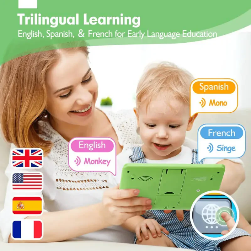 Richgv Kids O'quv Plansheti Trilingual O'quv Pad, Ta'limiy Montessori O'yinchoq Interaktiv Musiqiy O'yinchoqlar 1 Yosh O'g'il Qizlar uchun - 3