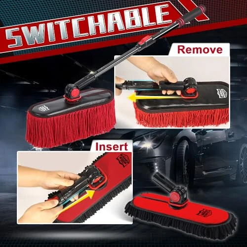 RIDE KINGS 2In1|2MOPS(Car Wash Brush Mop*1 & Car Duster Mop*1) with 1 Long Handle|Microfiber Car Brushes for Washing Exterior,Car Wash Accessories Scratch Free,Car Wash Mop for Rv Truck Boat - 5